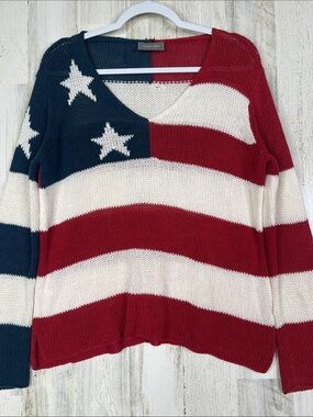 Wooden Ships 'Flag V' Sweater V-Neck Americana Red White Blue Cotton Blend M/L